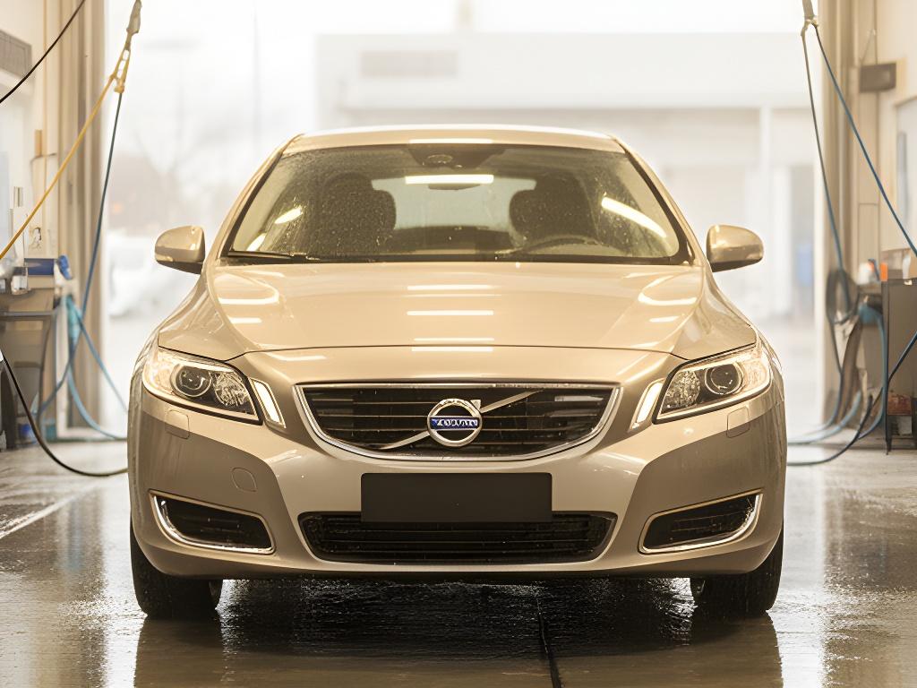 A spotless car being washed in a bright service bay with soft reflections on the paint