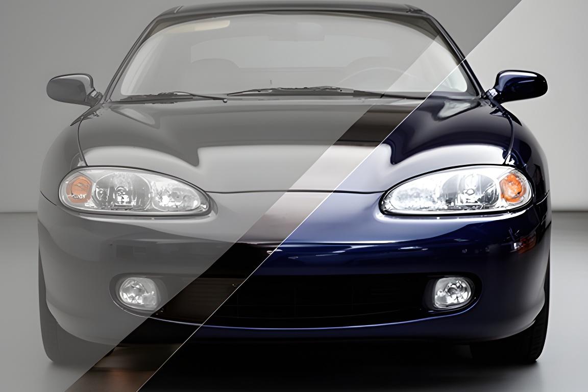 Split before and after view of restored headlights and glossy paint on a detail shop floor