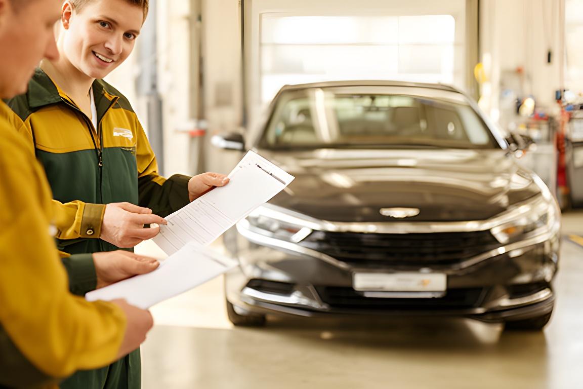 Car wash team reviewing service paperwork beside a polished sedan in a bright service bay