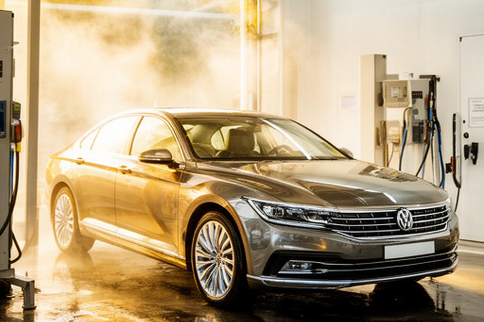 Shiny sedan beside a bright car wash bay with wet reflections and polished chrome details